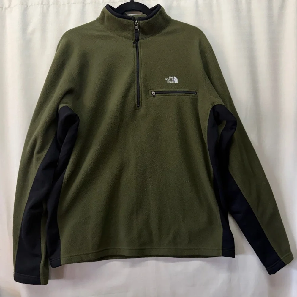 The North Face Polartec Green Black Side Panels Fleece 1/4 Zip Pullover Sz XL